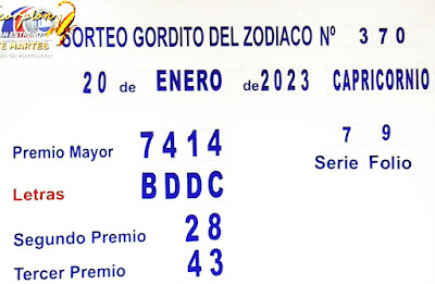 Sorteo Gordito Viernes 20 de enero jugado el Viernes 27 de enero de 2023